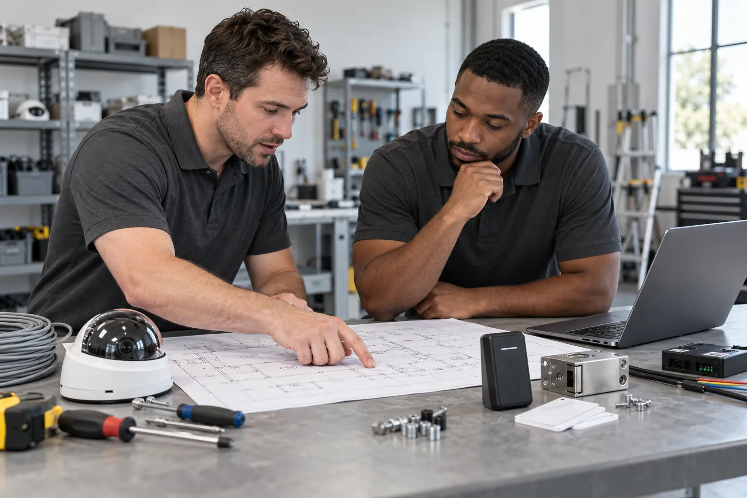 Illustrative security professionals reviewing a system plan beside a camera and access-control reader.