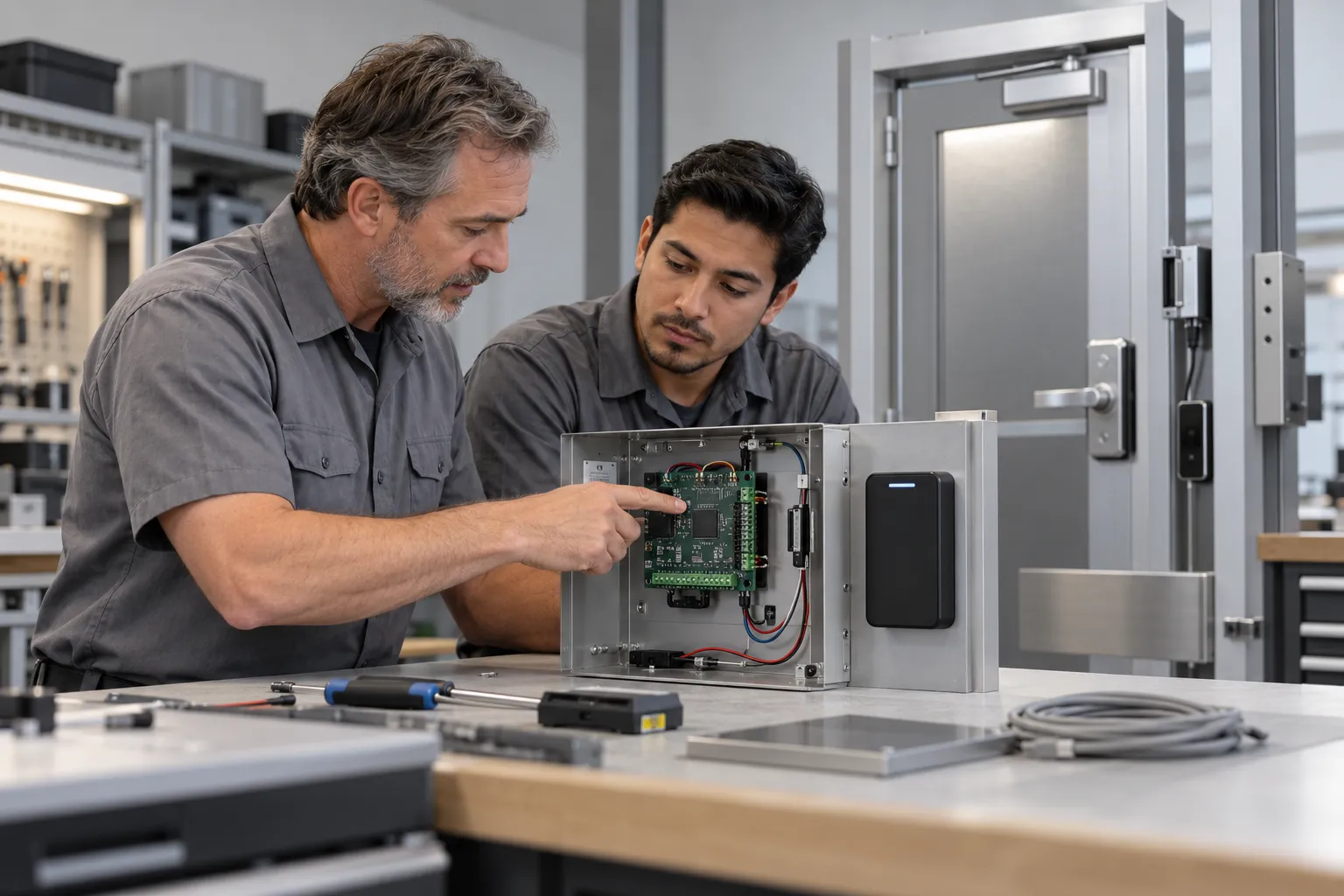 Illustrative security technicians reviewing an access control panel, card reader and commercial door at a training bench.