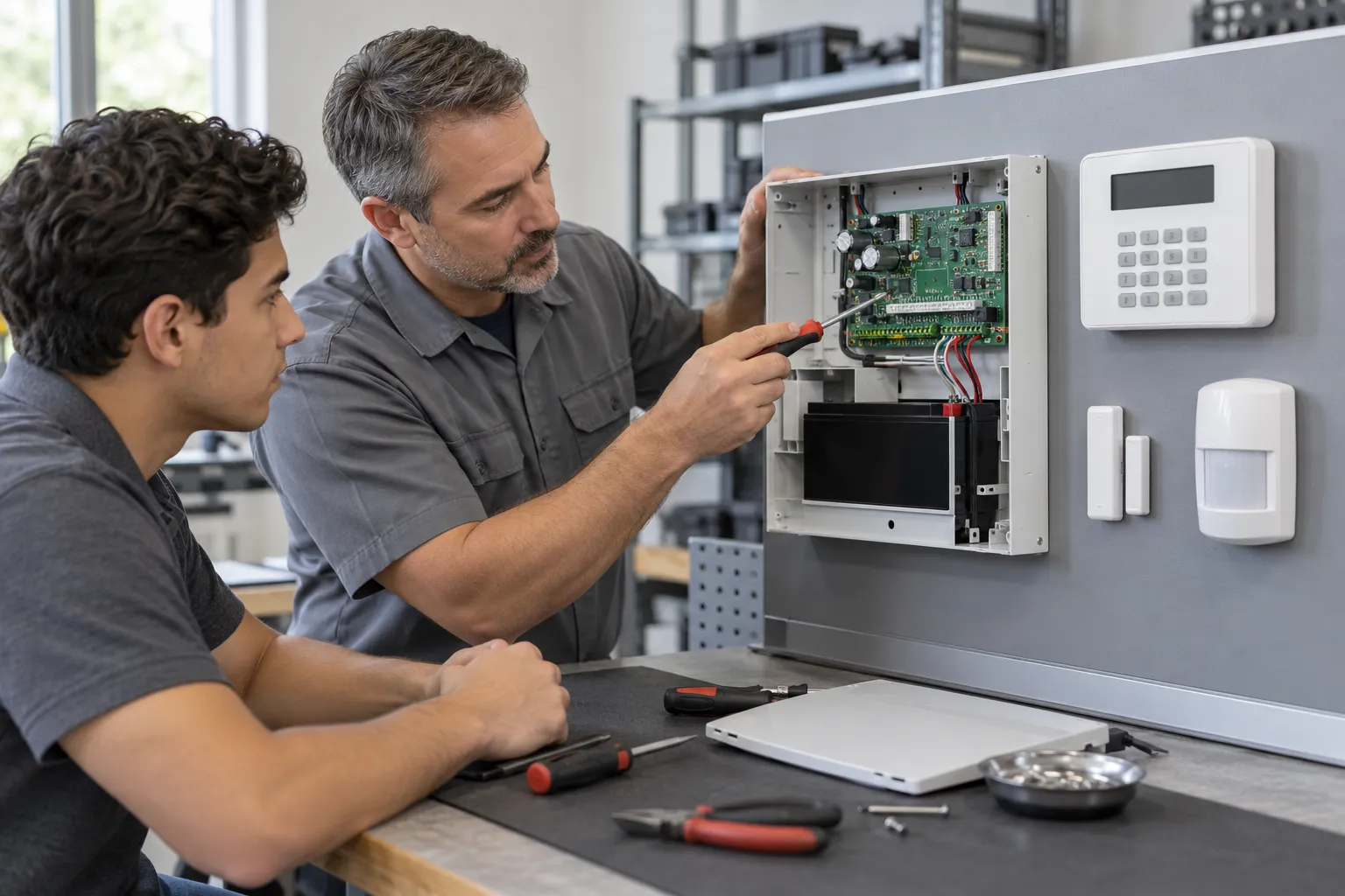 Illustrative security technicians reviewing an intrusion alarm control panel, keypad, door contact and motion detector.