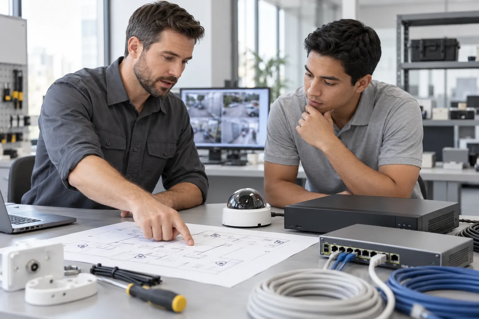 Illustrative security technicians planning an IP camera installation with a dome camera, network recorder and PoE switch.